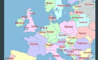 Mapa najčešćih prezimena u zemljama Evrope