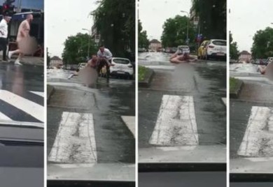 Nag muškarac “plivao” poplavljenom ulicom u Gradišci, policija ga uhapsila (VIDEO)