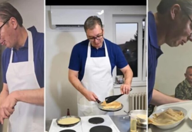 Vučić u kuhinji kasarne spremao palačinke za vojnike (VIDEO)