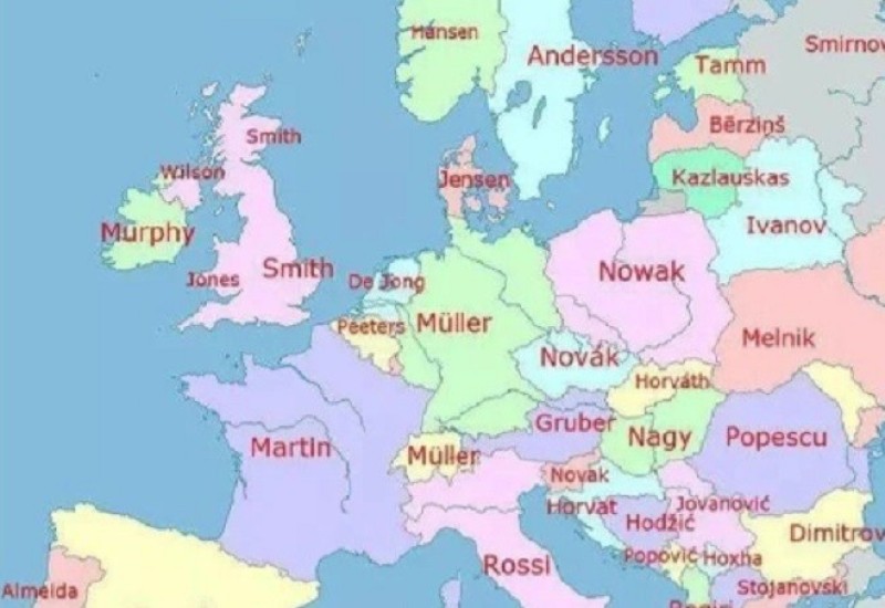 Mapa najčešćih prezimena u zemljama Evrope